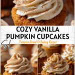 Close-up of Fall Inspired Vanilla Pumpkin Cupcakes dusted with cinnamon and topped with frosting.